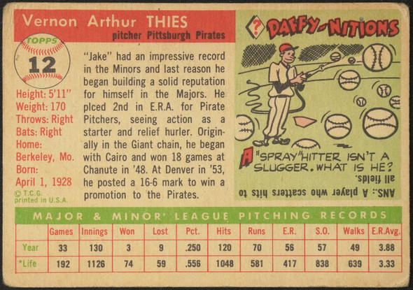 1955 Topps Jake Thies #12 Pittsburgh Pirates RC Fair Example B back of card