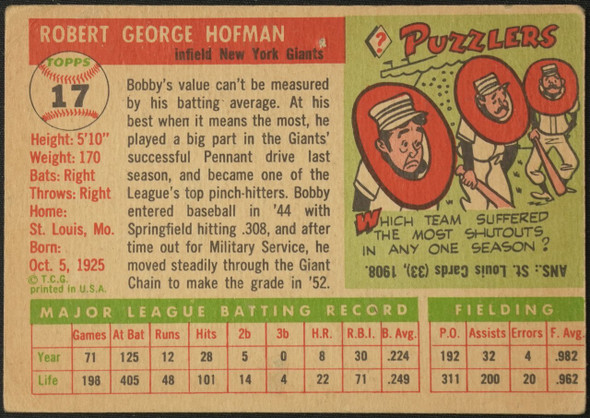 1955 Topps Bobby Hofman #17 New York Giants Fair Example A back of card