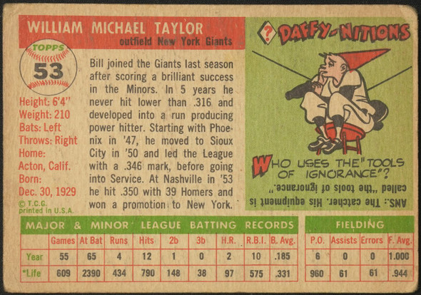 1955 Topps Bill Taylor #53 New York Giants Fair — Example C back of card