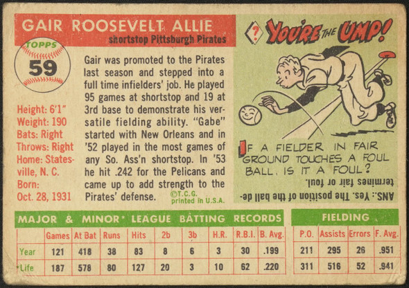1955 Topps Gair Allie #59 Pittsburgh Pirates Fair — Example C back of card