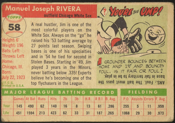 1955 Topps Jim Rivera #58 Chicago White Sox Fair — Example B back of card