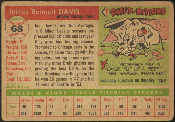 1955 Topps Jim Davis #68 Chicago Cubs RC Low Grade - Creases Example C back of card