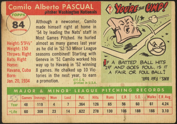 1955 Topps Camilo Pascual #84 Washington Senators RC Fair — Example A back of card