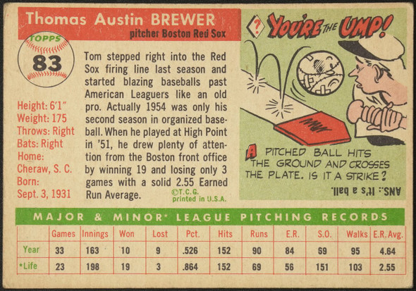 1955 Topps Tom Brewer #83 Boston Red Sox RC Fair back of card