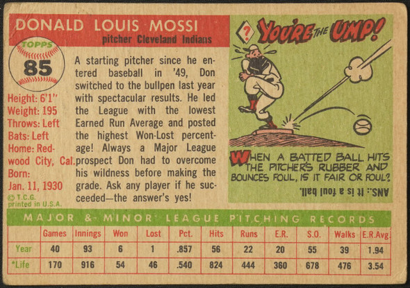 1955 Topps Don Mossi #85 Cleveland Indians Fair — Example A back of card