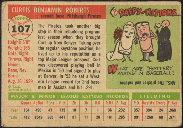 1955 Topps Curt Roberts #107 Pittsburgh Pirates Low Grade - Creases Example B back of card