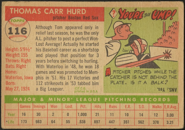 1955 Topps Tom Hurd #116 Boston Red Sox Fair back of card