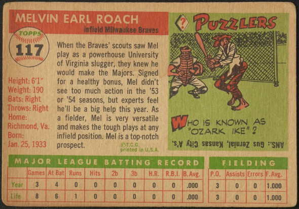 1955 Topps Mel Roach #117 Milwaukee Braves Fair Example B back of card