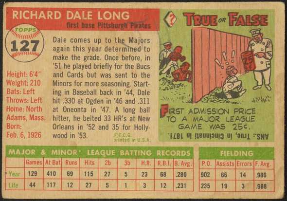 1955 Topps Dale Long #127 Pittsburgh Pirates Fair — Example B back of card