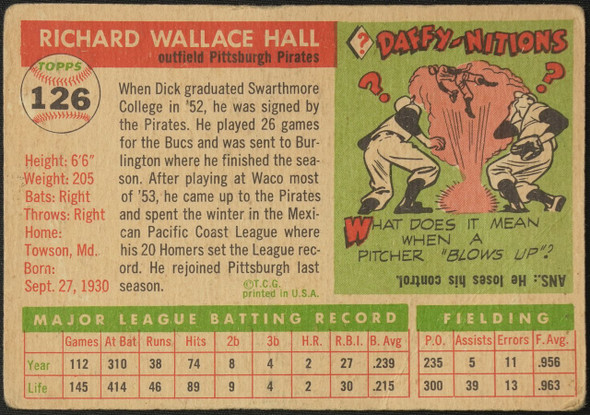 1955 Topps Dick Hall #126 Pittsburgh Pirates Low Grade - Creases — Example B back of card