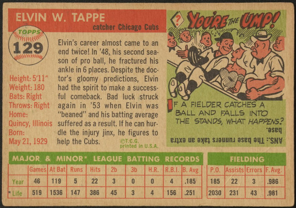 1955 Topps Elvin Tappe #129 Chicago Cubs Fair back of card