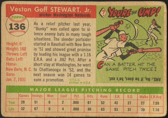 1955 Topps Bunky Stewart #136 Washington Senators Low Grade - Creases back of card