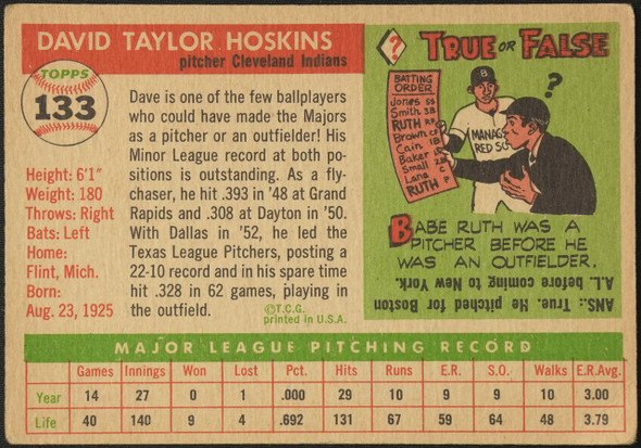 1955 Topps Dave Hoskins #133 Cleveland Indians Fair back of card