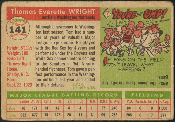1955 Topps Tom Wright #141 Washington Senators Fair Example B back of card