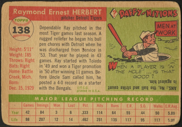 1955 Topps Ray Herbert #138 Detroit Tigers Low Grade - Creases Example B back of card
