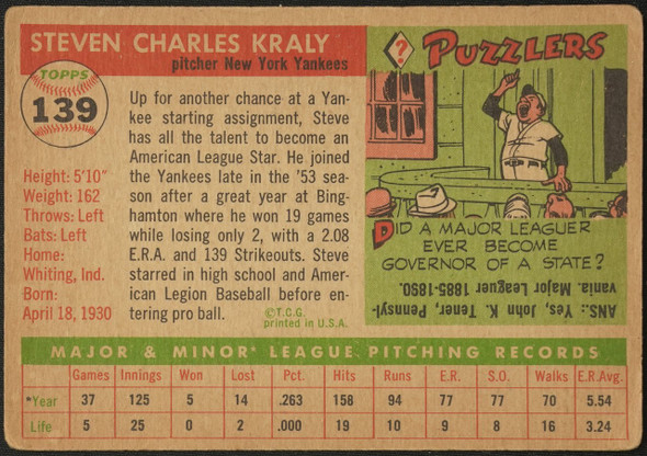 1955 Topps Steve Kraly #139 New York Yankees RC Low Grade - Creases — Example B back of card