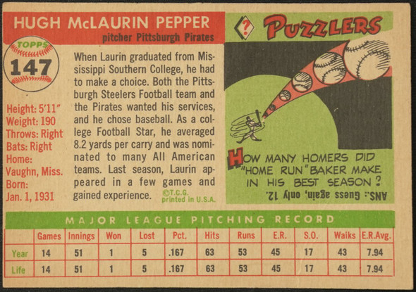 1955 Topps Laurin Pepper #147 Pittsburgh Pirates Fair Example C back of card