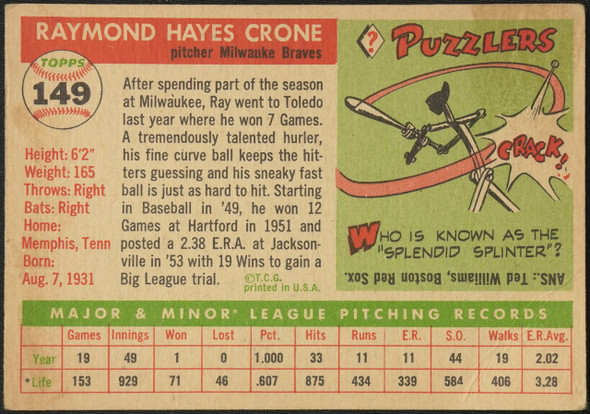 1955 Topps Ray Crone #149 Milwaukee Braves Low Grade - Creases Example B back of card