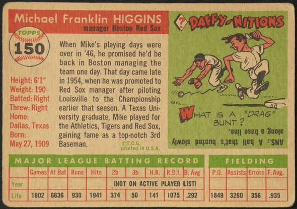 1955 Topps Pinky Higgins #150 Boston Red Sox Fair Example B back of card