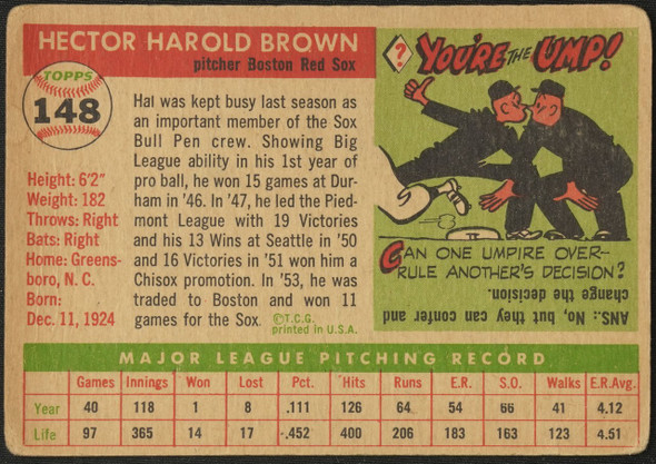 1955 Topps Hal Brown #148 Boston Red Sox Fair Example B back of card