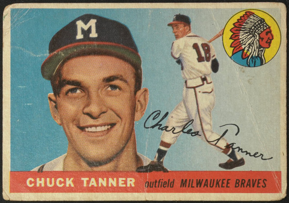 1955 Topps Chuck Tanner #161 Milwaukee Braves RC High Number Low Grade - Creases Example C front of card