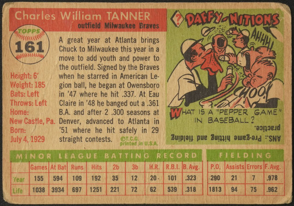 1955 Topps Chuck Tanner #161 Milwaukee Braves RC High Number Low Grade - Creases Example C back of card