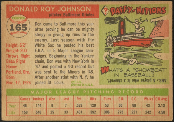 1955 Topps Don Johnson #165 Baltimore Orioles High Number Fair Example B back of card