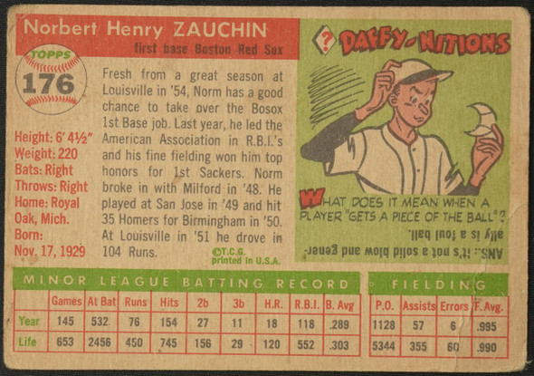 1955 Topps Norm Zauchin #176 Boston Red Sox RC High Number Fair — Example C back of card