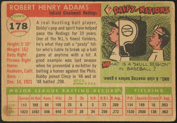 1955 Topps Bobby Adams #178 Cincinnati Redlegs High Number Fair — Example B back of card