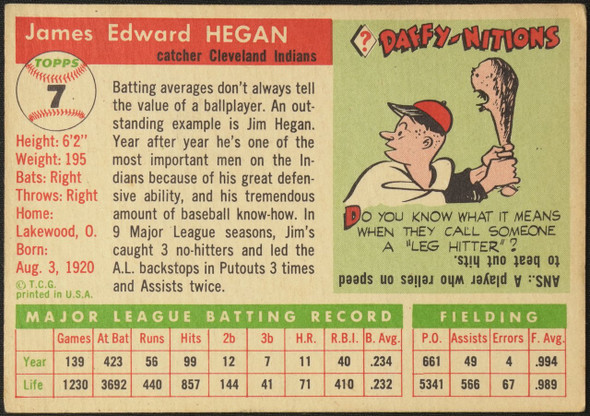 1955 Topps Jim Hegan #7 Cleveland Indians Fair Example B back of card