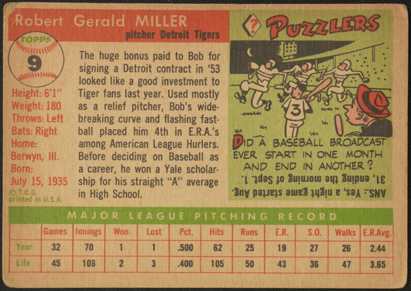 1955 Topps Bob Miller #9 Detroit Tigers Low Grade - Creases Example A back of card