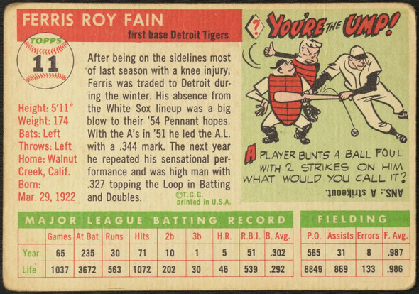 1955 Topps Ferris Fain #11 Detroit Tigers Fair — Example B back of card