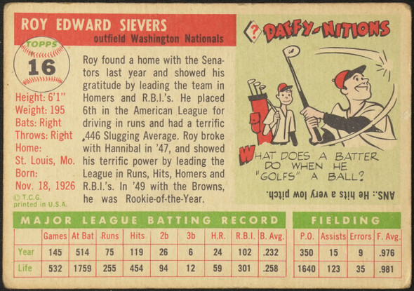 1955 Topps Roy Sievers #16 Washington Senators Fair Example B back of card