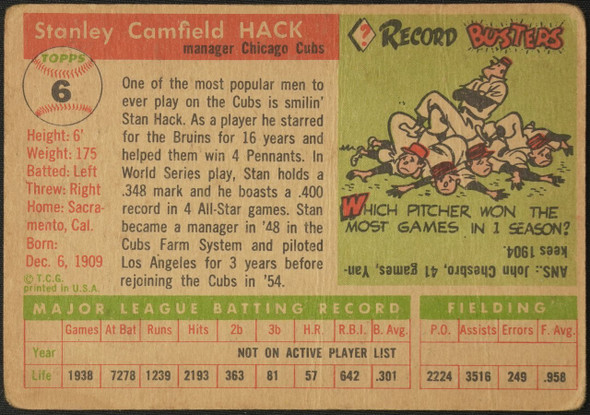 1955 Topps Stan Hack #6 Chicago Cubs Low Grade - Creases — Example C back of card