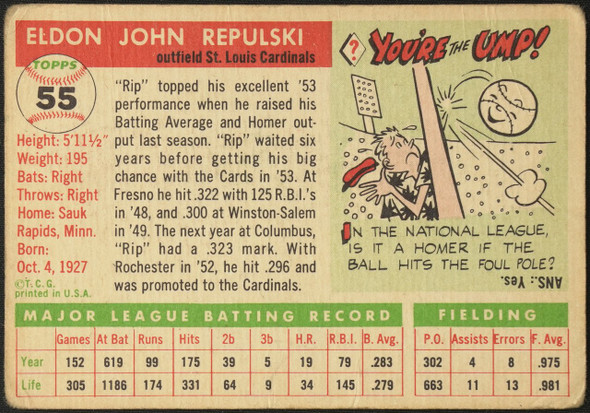 1955 Topps Rip Repulski #55 St. Louis Cardinals Low Grade - Creases back of card
