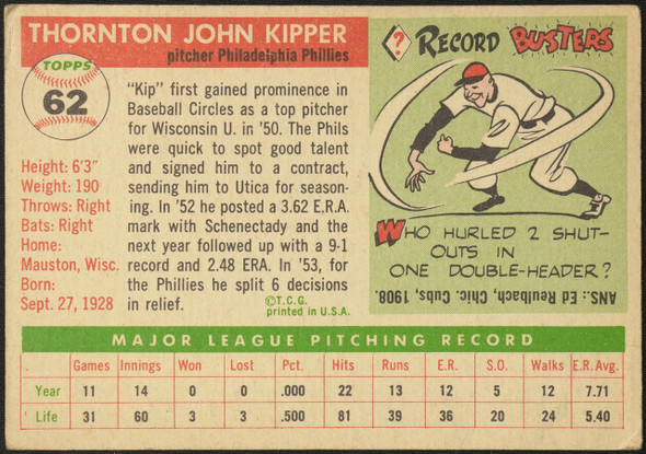 1955 Topps Thornton Kipper #62 Philadelphia Phillies Fair Example C back of card
