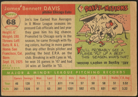 1955 Topps Jim Davis #68 Chicago Cubs RC Low Grade - Creases Example D back of card