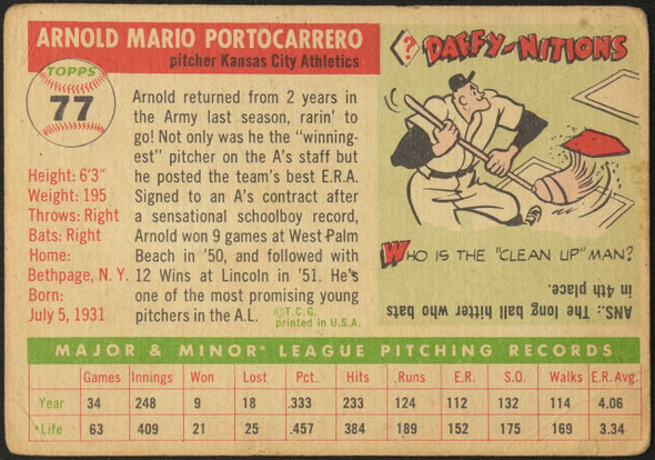 1955 Topps Arnie Portocarrero #77 Kansas City Athletics Fair Example C back of card