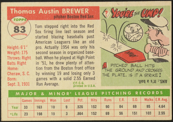 1955 Topps Tom Brewer #83 Boston Red Sox RC Low Grade - Creases Example B back of card