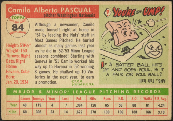 1955 Topps Camilo Pascual #84 Washington Senators RC Fair Example B back of card