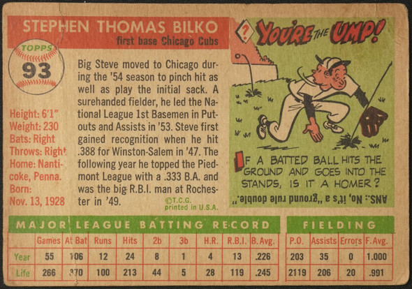 1955 Topps Steve Bilko #93 Chicago Cubs Fair Example B back of card