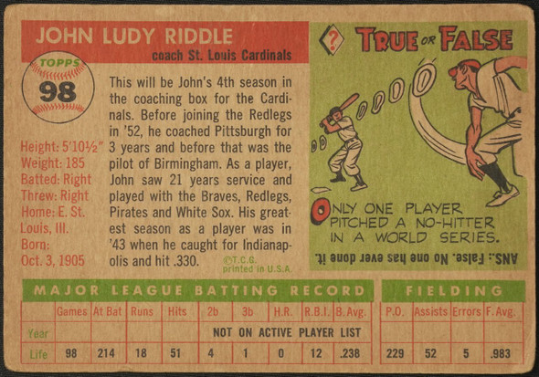 1955 Topps Johnny Riddle #98 St. Louis Cardinals Fair Example C back of card