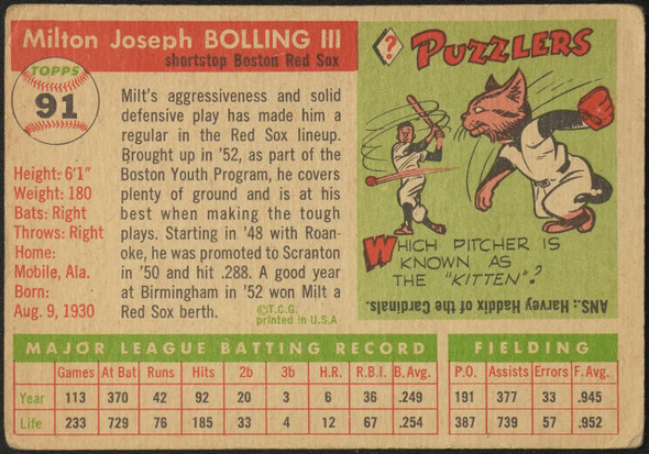 1955 Topps Milt Bolling #91 Boston Red Sox Low Grade - Creases back of card