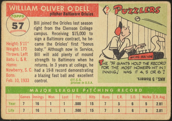 1955 Topps Billy O'Dell #57 Baltimore Orioles Fair Example C back of card