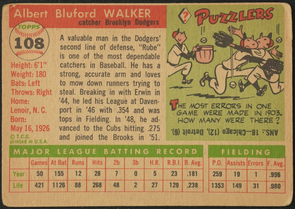 1955 Topps Rube Walker #108 Brooklyn Dodgers Low Grade - Creases — Example B back of card