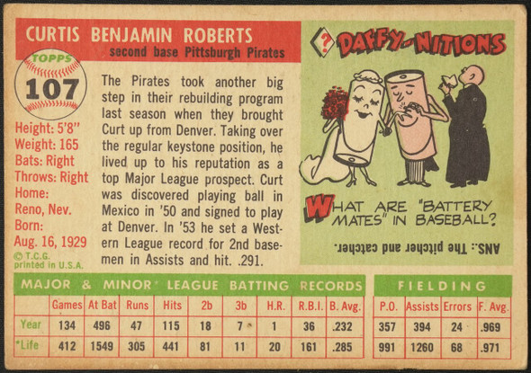 1955 Topps Curt Roberts #107 Pittsburgh Pirates Fair back of card