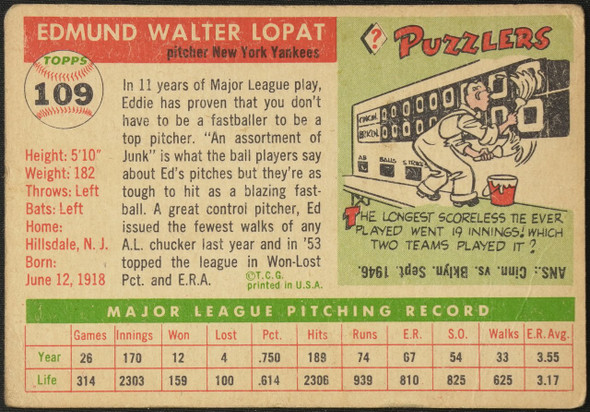 1955 Topps Ed Lopat #109 New York Yankees Fair — Example B back of card