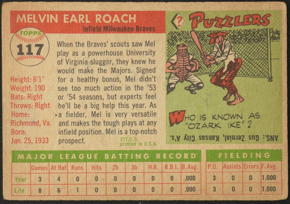 1955 Topps Mel Roach #117 Milwaukee Braves Fair Example C back of card