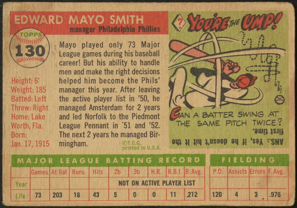 1955 Topps Mayo Smith #130 Philadelphia Phillies RC Fair Example C back of card
