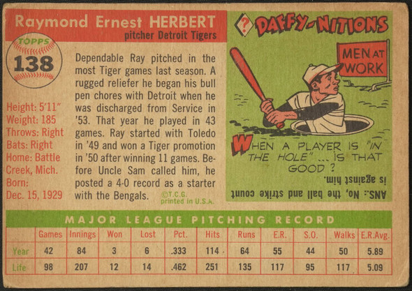 1955 Topps Ray Herbert #138 Detroit Tigers Fair back of card